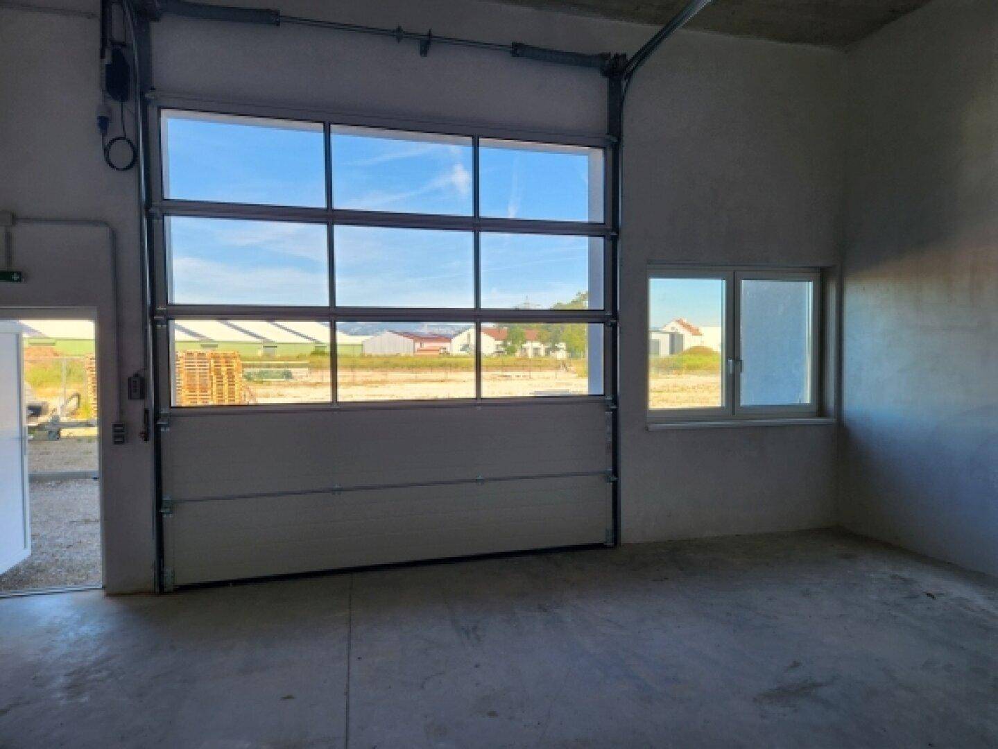 Geräumige Halle mit großem Sektionaltor und Fenster, bietet viel Tageslicht und einen weiten Blick ins Grüne.
