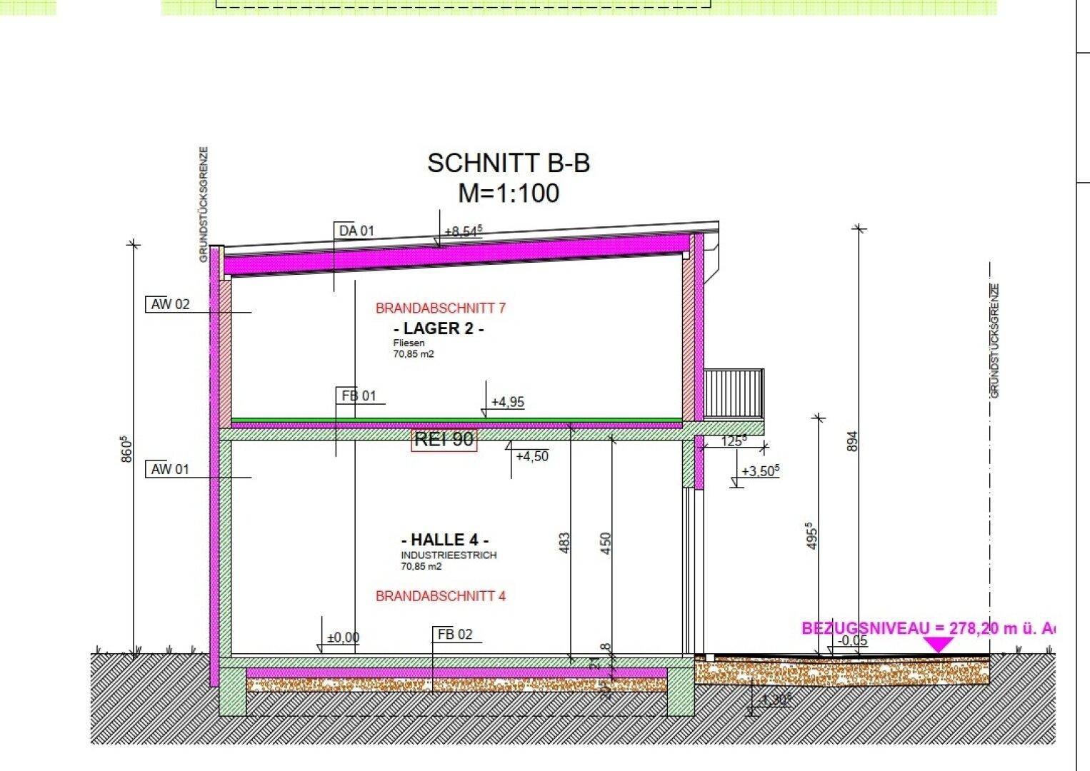 Schnittzeichnung eines Gebäudes, die die vertikale Struktur und die verschiedenen Ebenen der Halle zeigt.