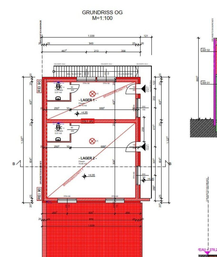Grundriss des Obergeschosses mit zwei Lagereinheiten und separaten Toilettenbereichen.
