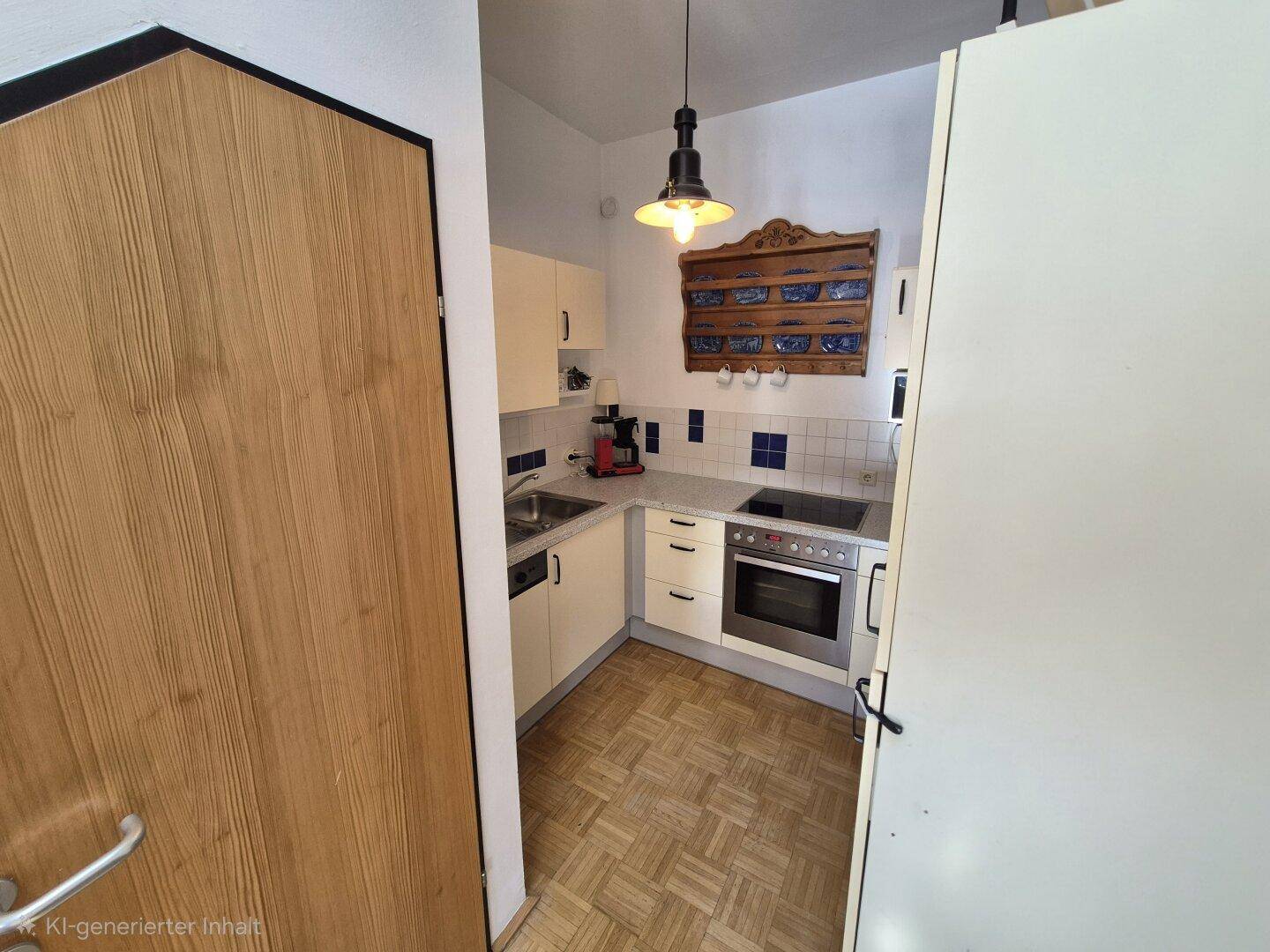 Kompakte Küche mit Einbaugeräten, Spülbecken und traditionellen Wanddekorationen.