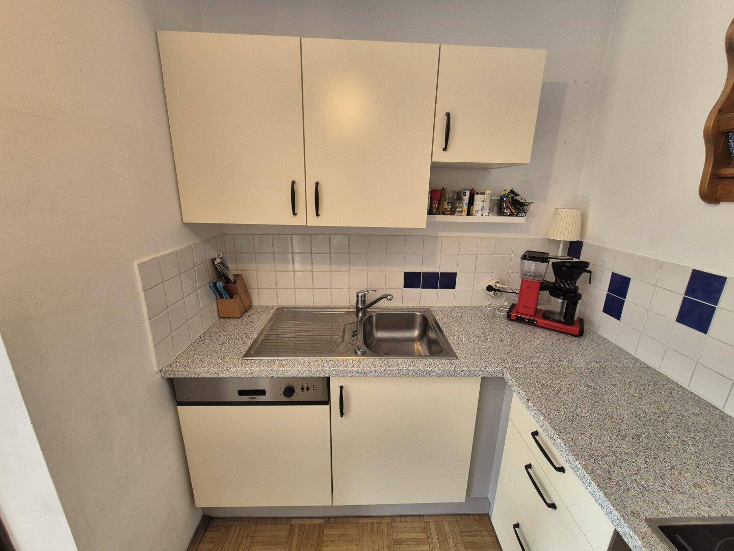 Küche mit Spülbecken, Geschirrspüler und hellen Küchenschränken für effizientes Arbeiten.