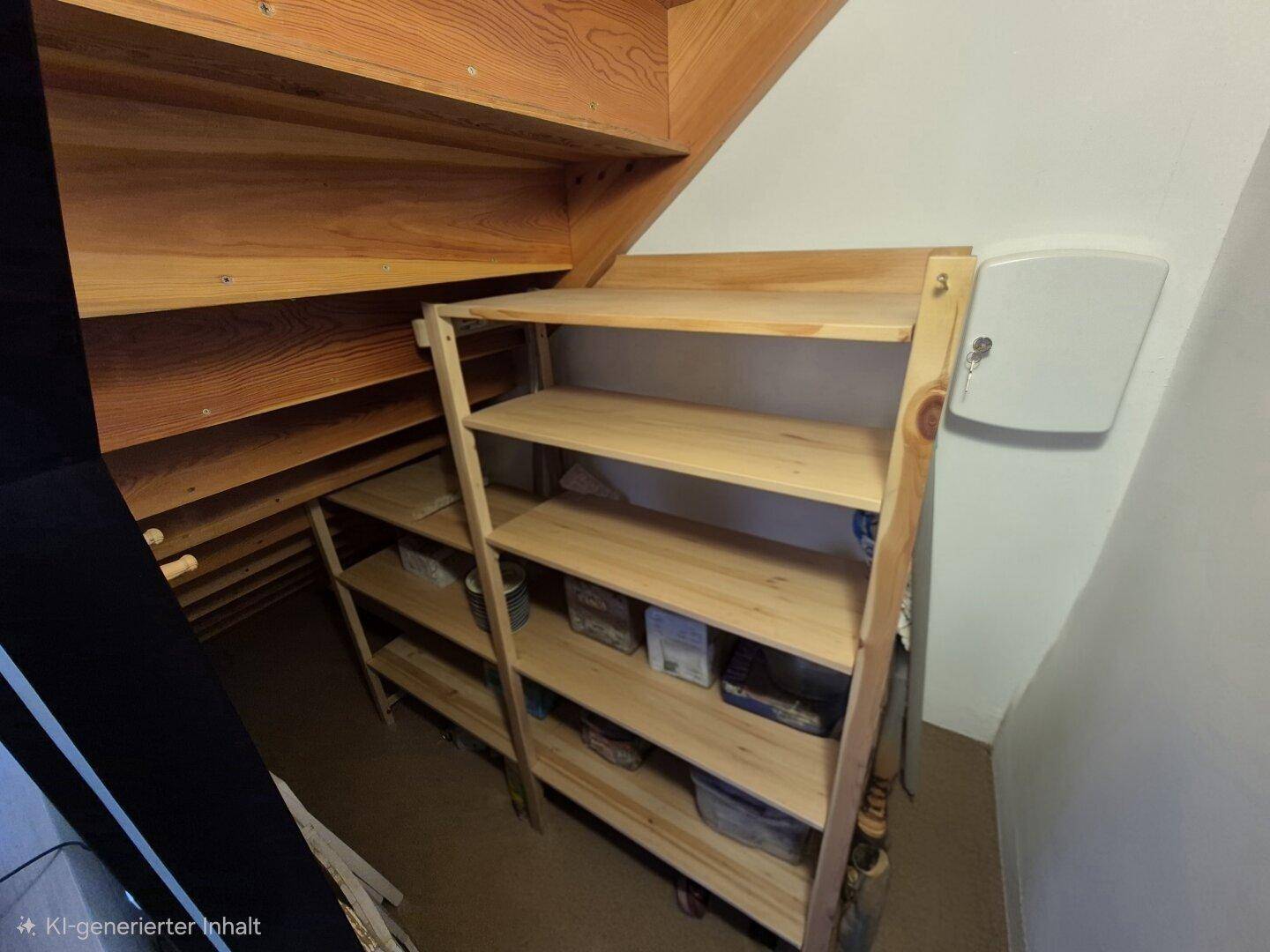 Praktischer Abstellraum mit Holzregalen und Dachschräge für zusätzlichen Stauraum.