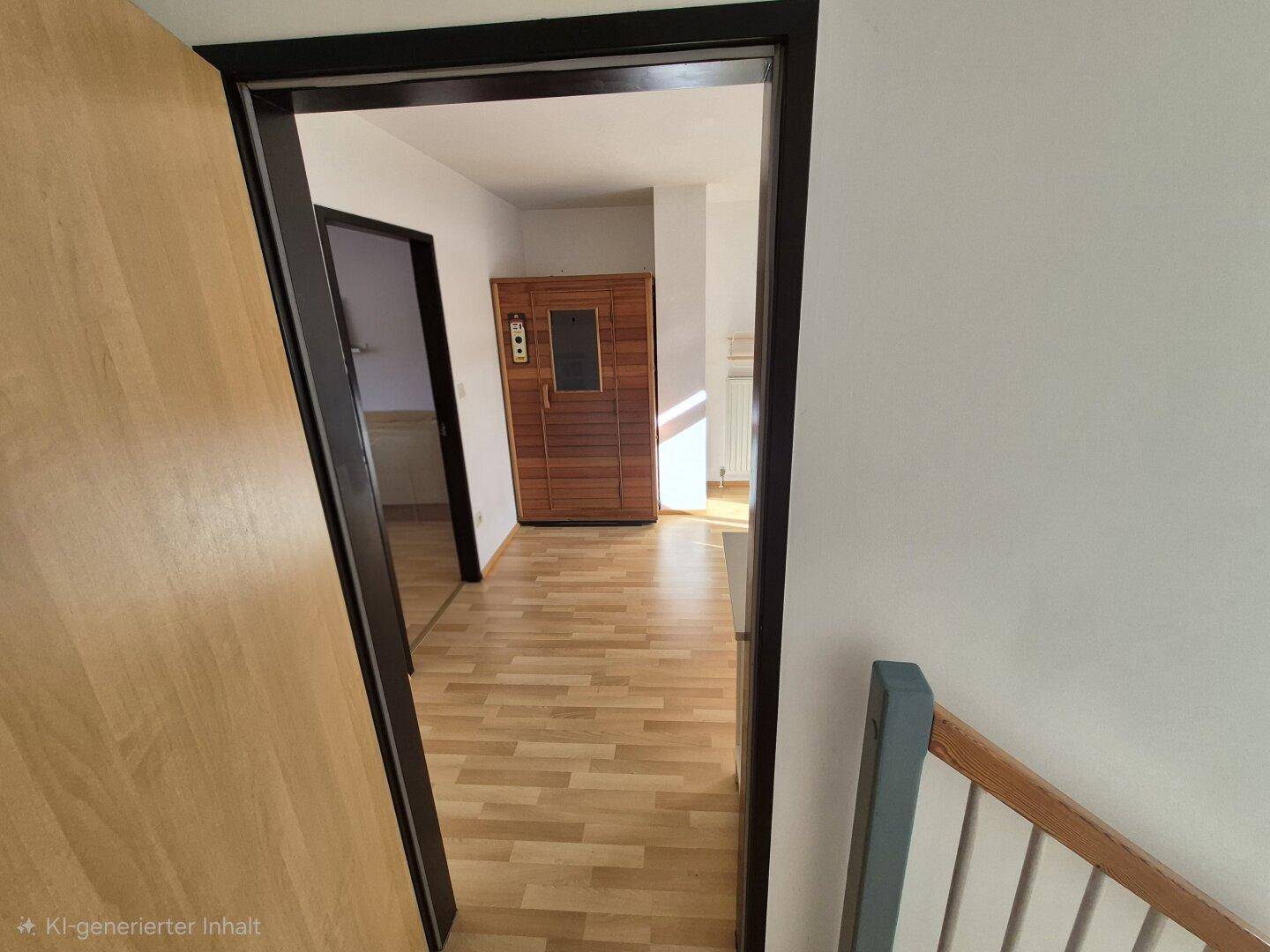 Heller Flur mit Holzboden und sichtbarer Sauna, die zum Entspannen einlädt.