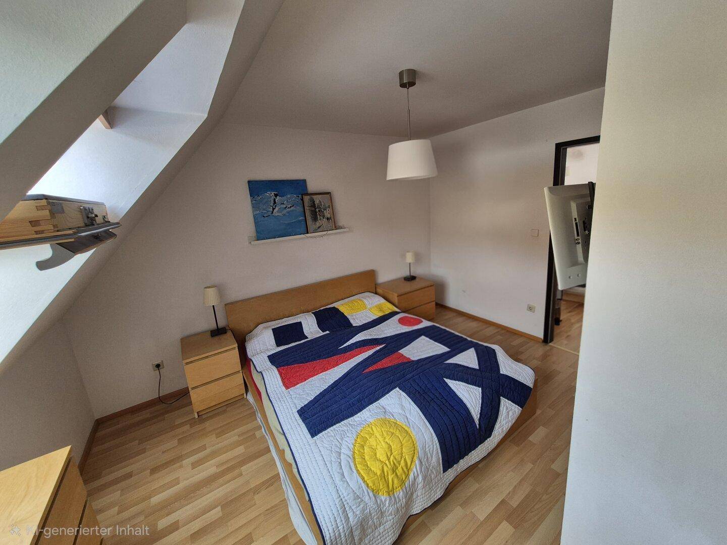 Helles Schlafzimmer mit Holzbett, Dachfenster und farbiger Bettdecke.