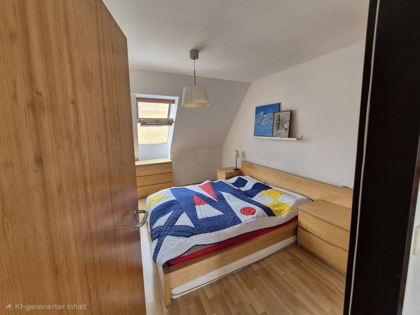 Gemütliches Schlafzimmer mit Holzbett, Dachfenster und farbiger Bettdecke.