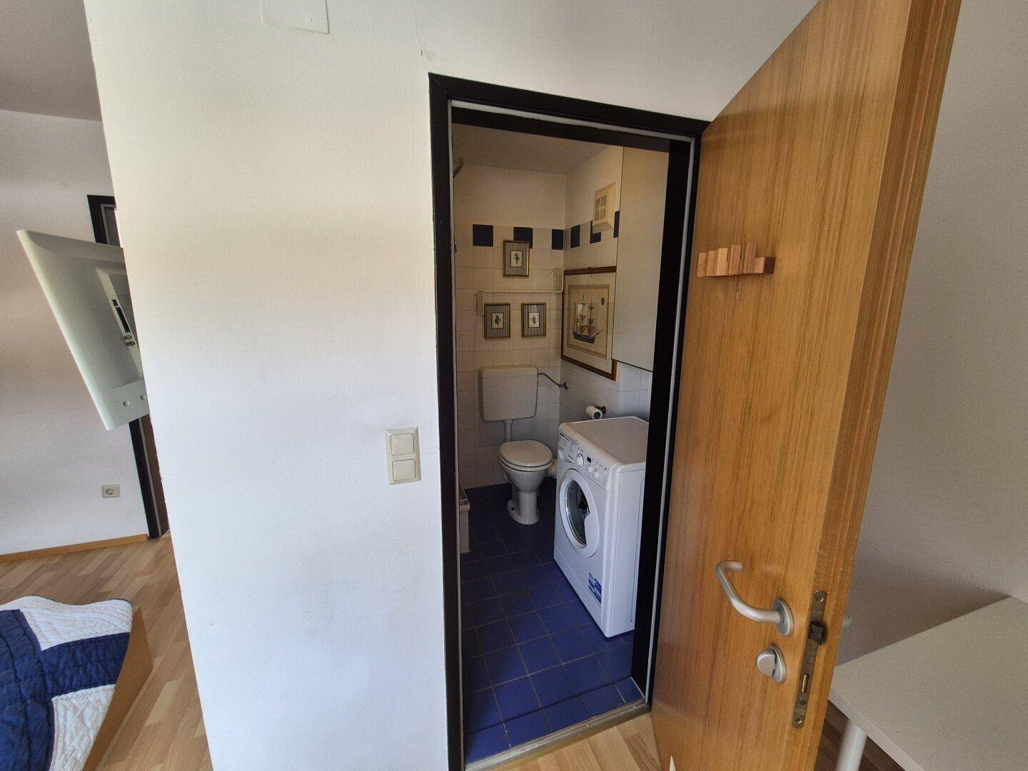 Badezimmerzugang mit Waschmaschine und blauen Fliesen, praktisch und hell.