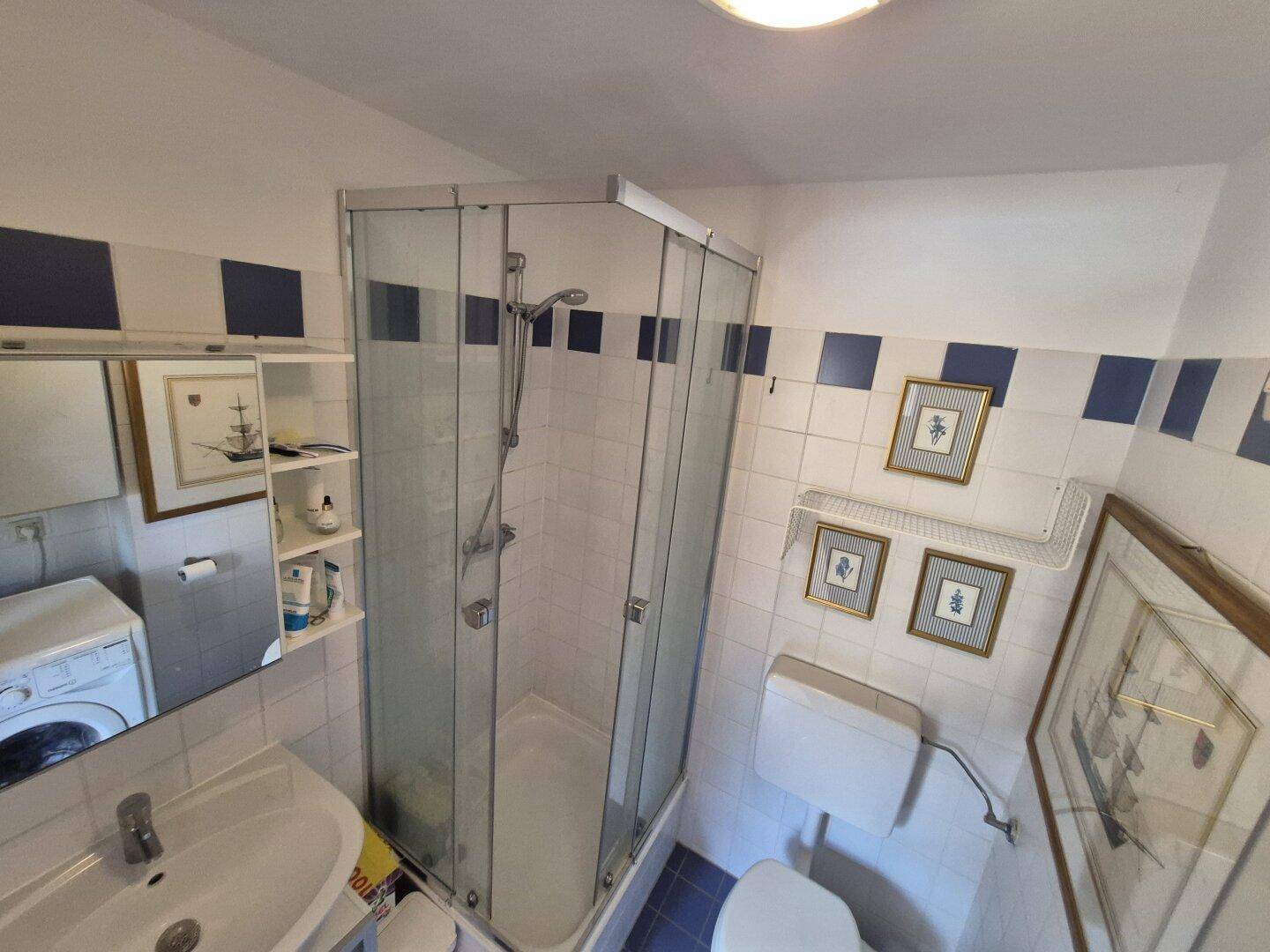 Badezimmer mit Duschkabine, Toilette und blauen Fliesen, hell und gepflegt.