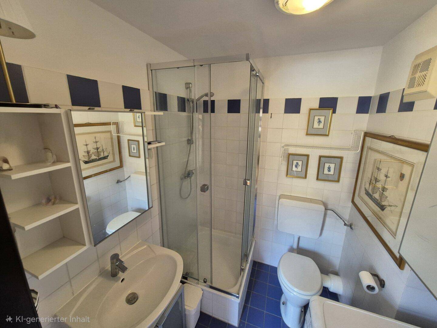 Badezimmer mit Duschkabine, Waschbecken und blauen Akzenten, praktisch und hell.