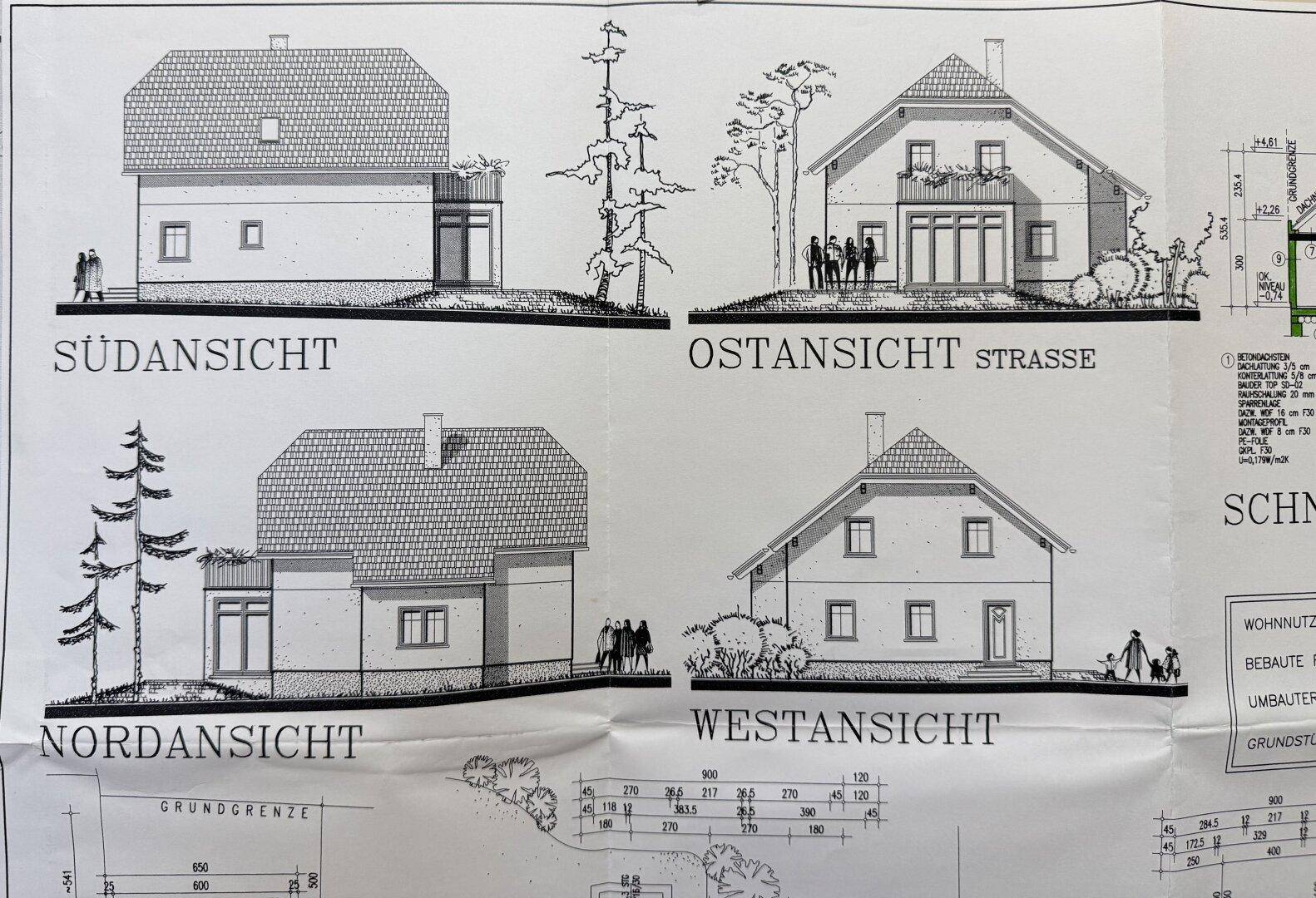 Architektonische Ansichten des Hauses von verschiedenen Seiten.
