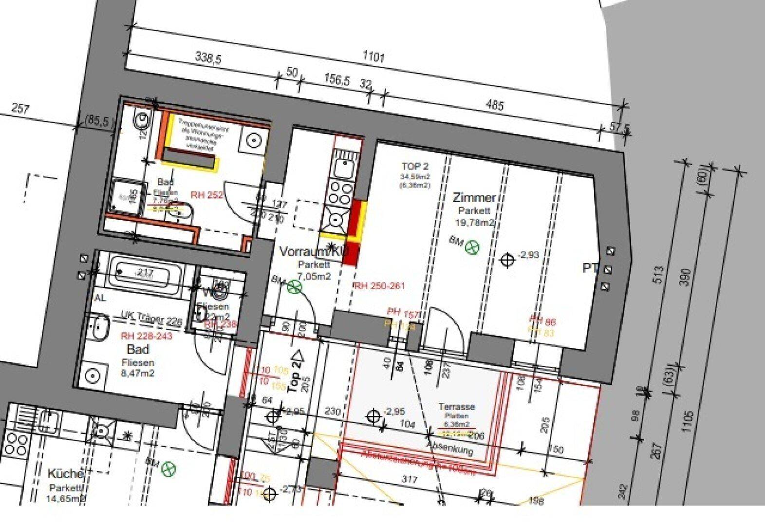 Grundriss für Top 2 mit Zimmern, Bad, Vorraum und Terrasse.