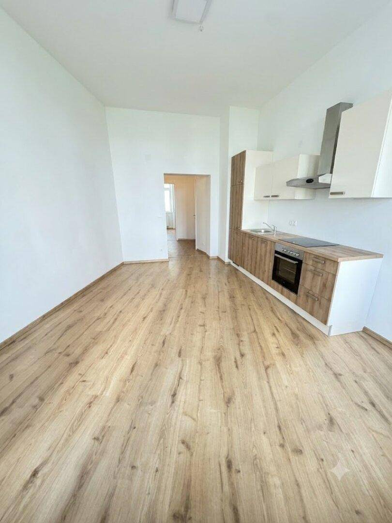 Offener Wohnbereich mit integrierter Küchenzeile und Holzoptik-Boden.