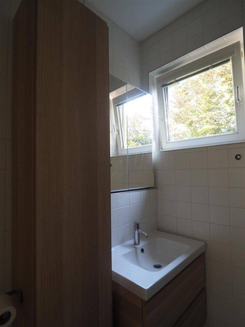 Badezimmer mit Waschbecken, Spiegelschrank und Fenster, das viel Tageslicht hereinlässt.