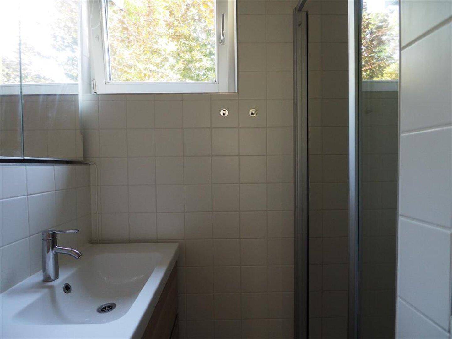 Modernes Badezimmer mit Duschkabine, Waschbecken und Fenster für Tageslicht.