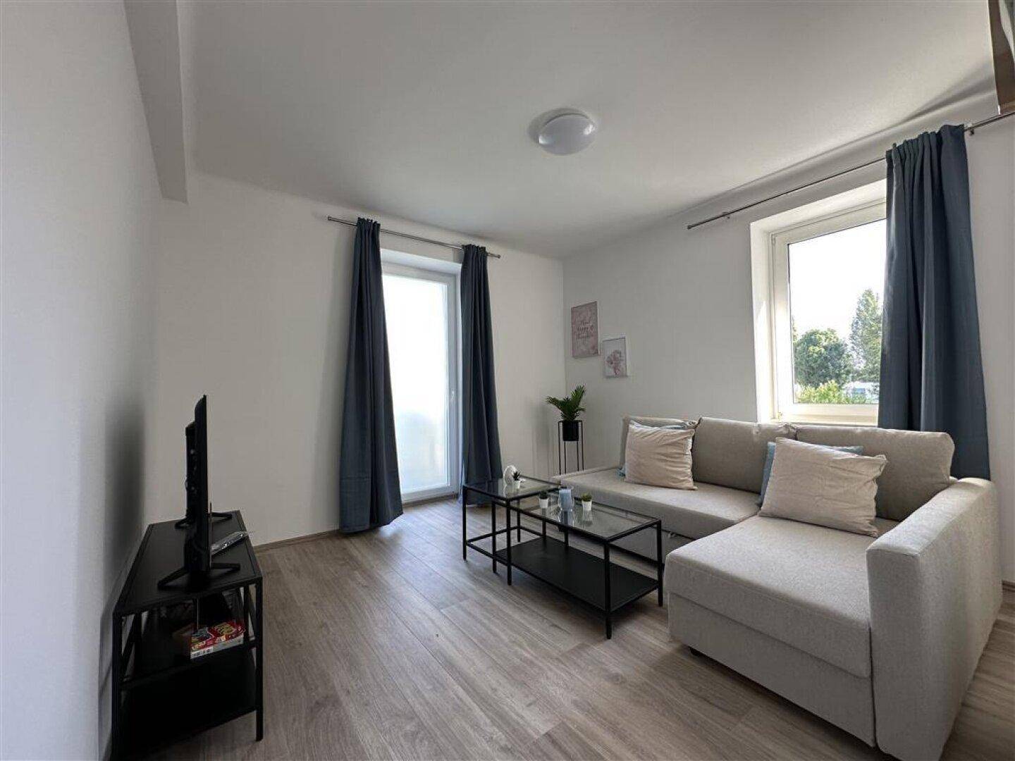 Helles Wohnzimmer mit Sofa, Fernseher und großen Fenstern, die viel Tageslicht hereinlassen.