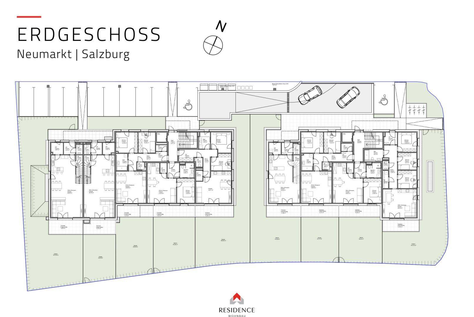 Gesamtgrundriss des Erdgeschosses der Wohnanlage in Neumarkt, Salzburg, inklusive Parkplätze.