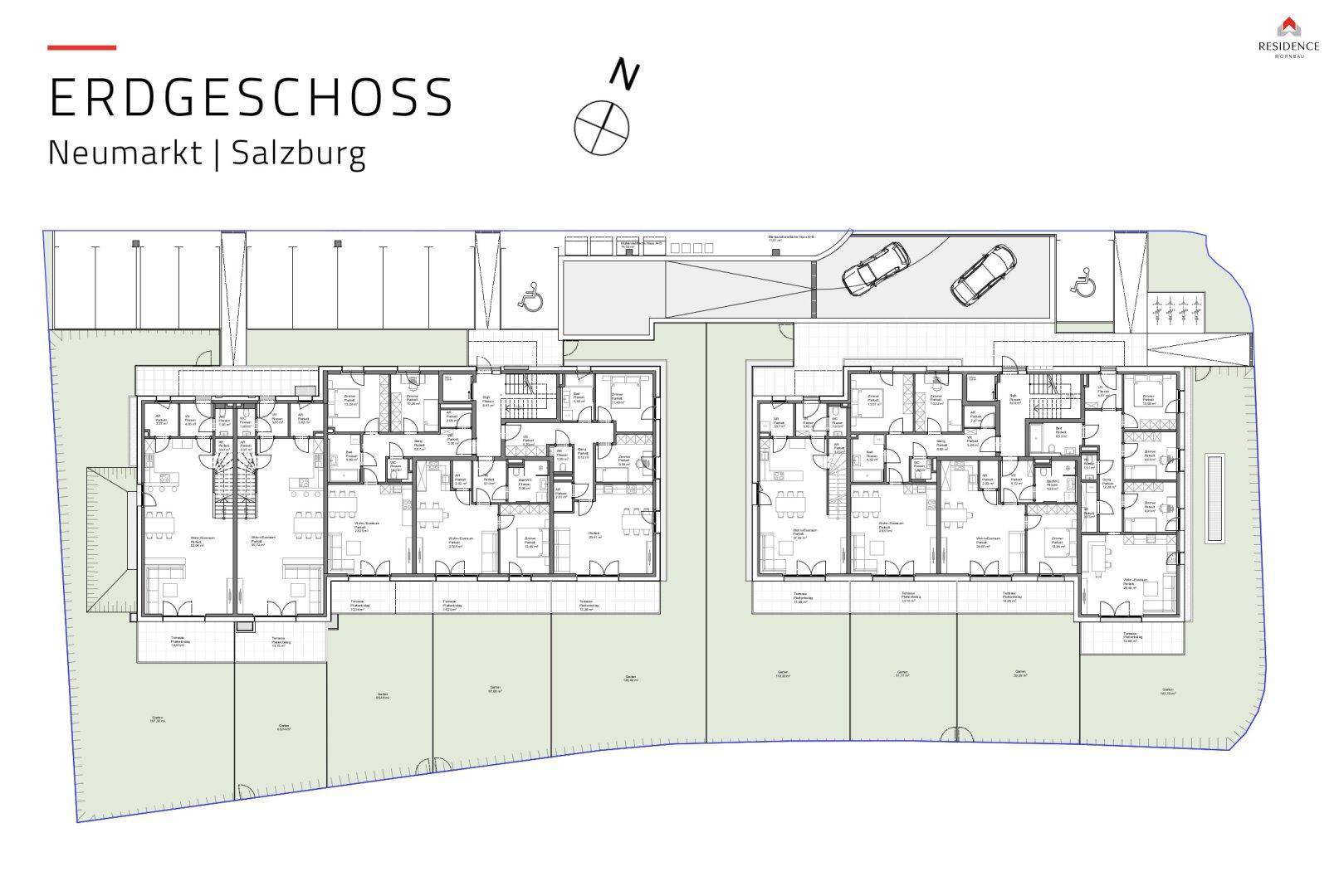 Grundriss des Erdgeschosses einer Wohnanlage in Neumarkt, Salzburg, mit mehreren Einheiten und Parkplätzen.