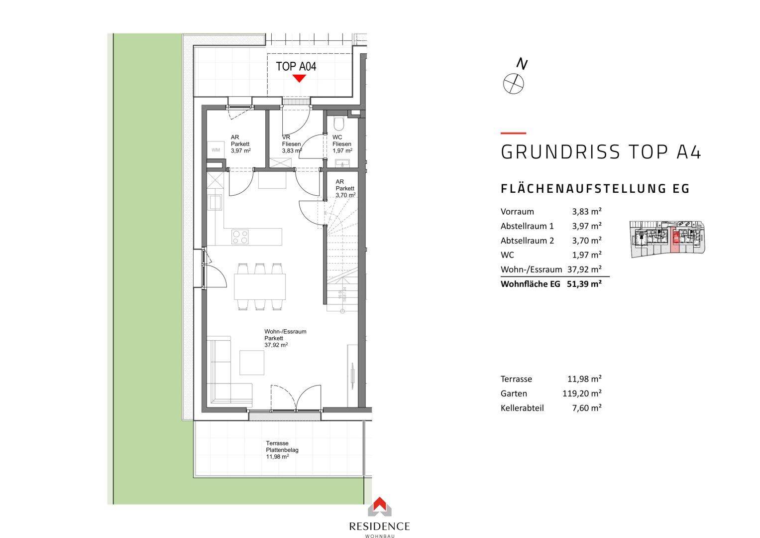 Grundriss des Erdgeschosses von Top A4 mit offenem Wohn-Essbereich, Terrasse und Garten.