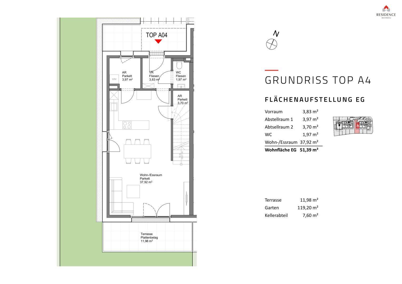 Grundriss des Erdgeschosses von Top A4 mit offenem Wohn-Essbereich, Terrasse und Garten.