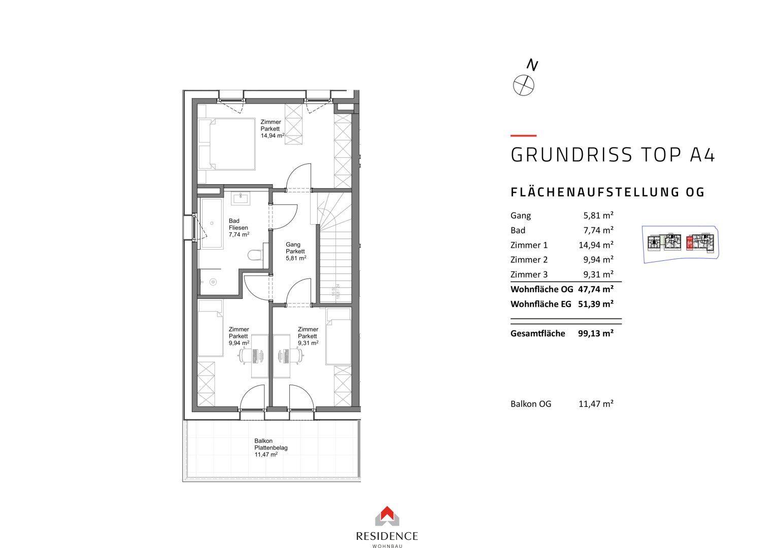 Grundriss des Obergeschosses von Top A4 mit drei Zimmern, Bad und Balkon.