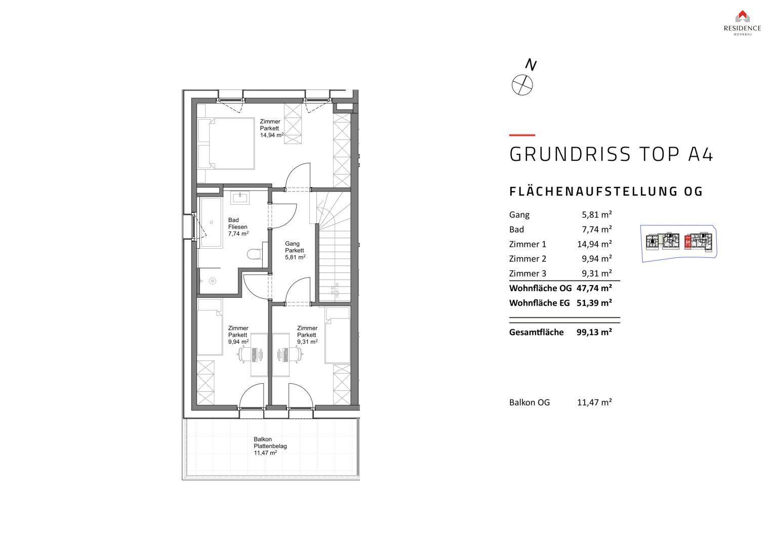 Grundriss des Obergeschosses von Top A4 mit drei Schlafzimmern, Bad und Balkon.
