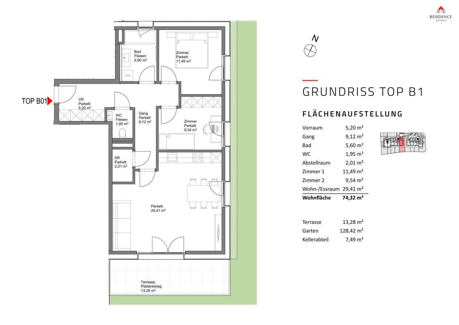 Grundriss einer Wohnung mit offenem Wohnbereich, zwei Schlafzimmern, Bad und Terrasse mit Garten.