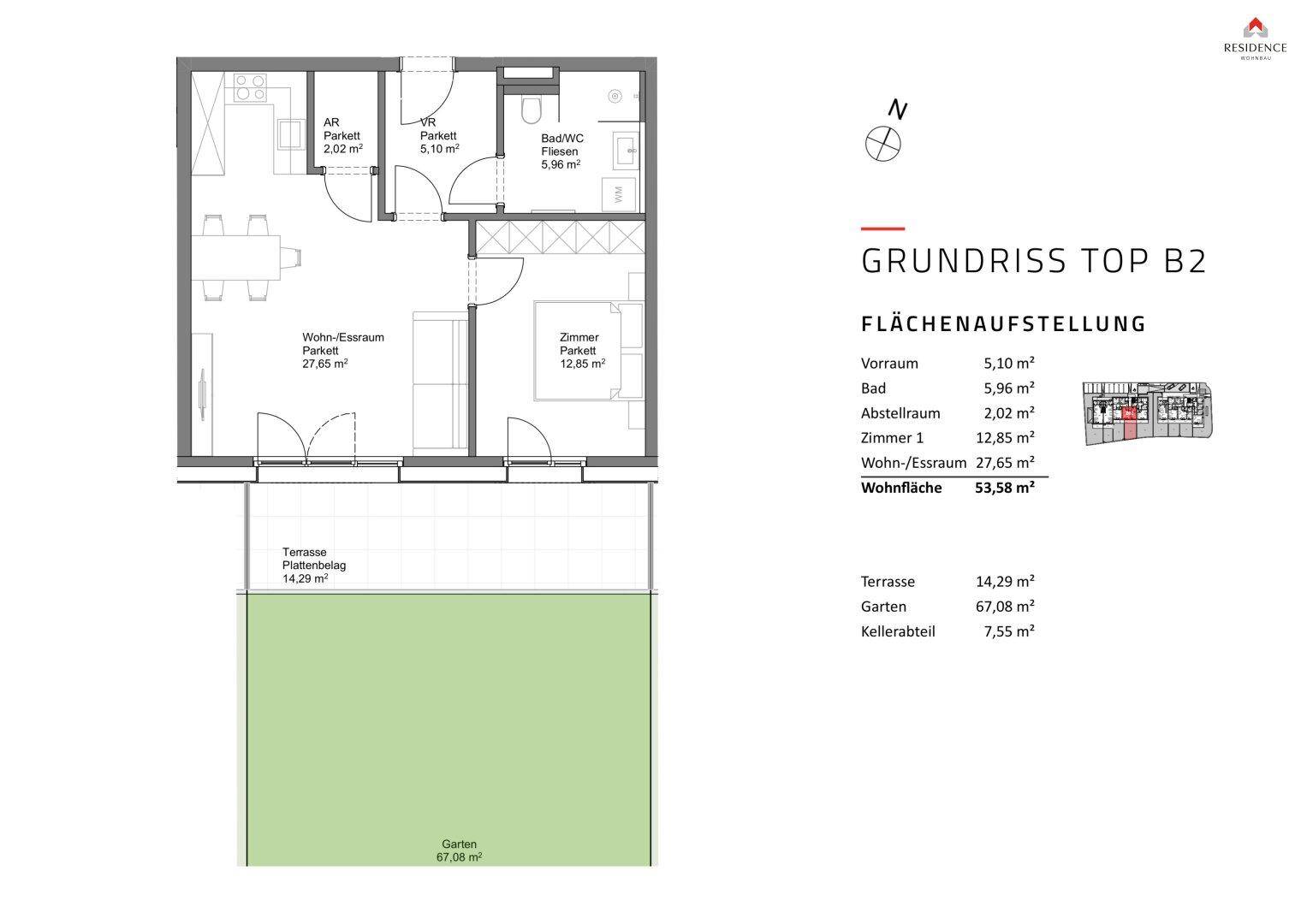 Grundriss einer Wohneinheit mit offenem Wohn-Essbereich, Schlafzimmer, Bad, Abstellraum, Terrasse und Garten.