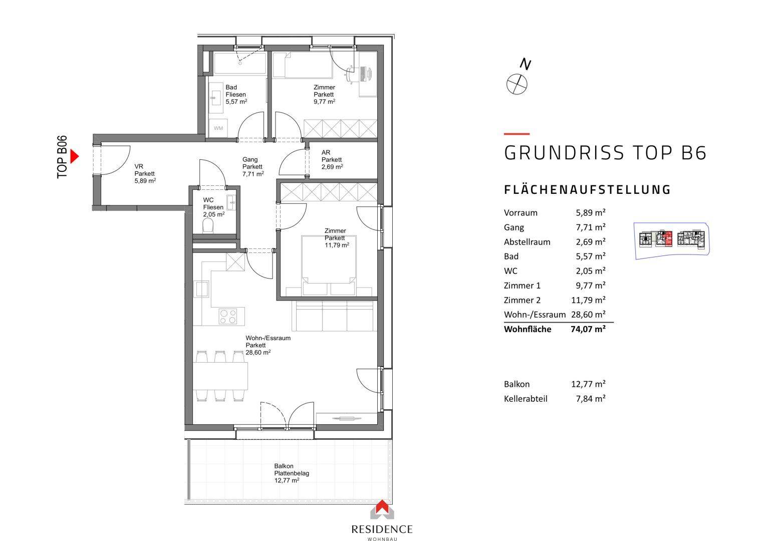Grundriss der Wohnung Top B6 mit offenem Wohn-Essbereich, zwei Bädern und Balkon.