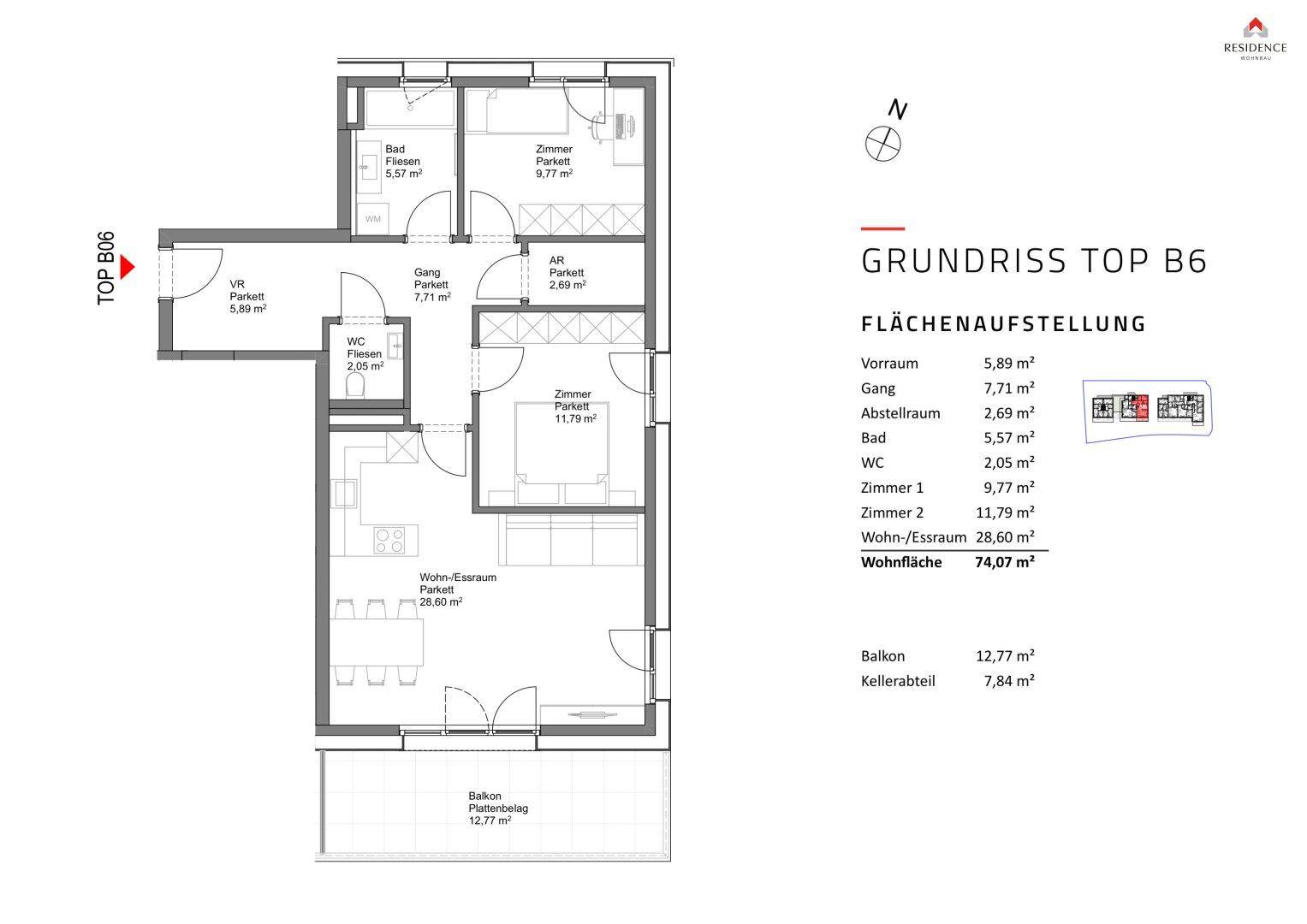 Grundriss einer Wohnung mit offenem Wohn-Essbereich, zwei Schlafzimmern und Balkon.