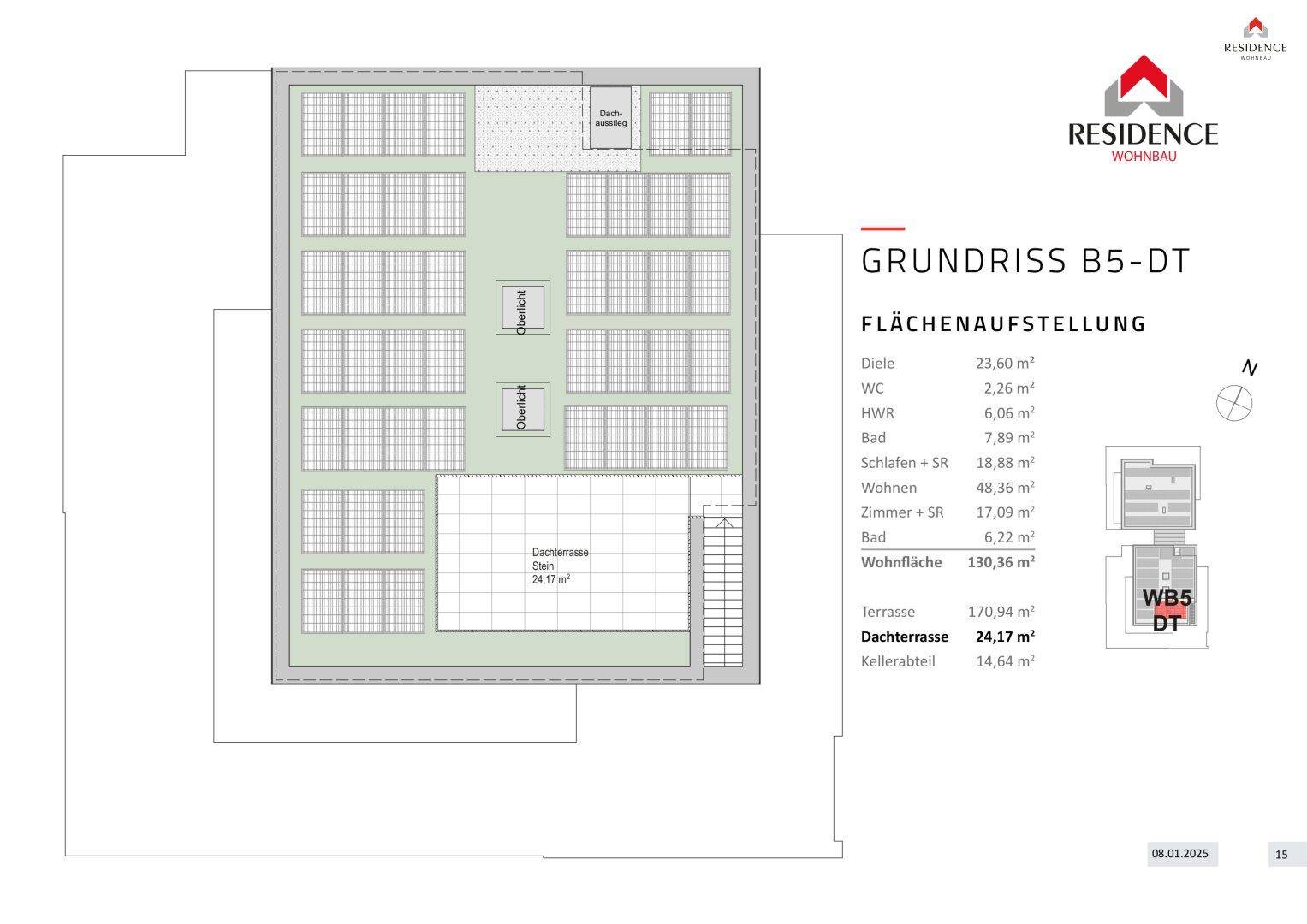 Grundriss der Dachterrasse mit Flächenaufstellung und Kellerabteil, detaillierte Übersicht der Außenbereiche.