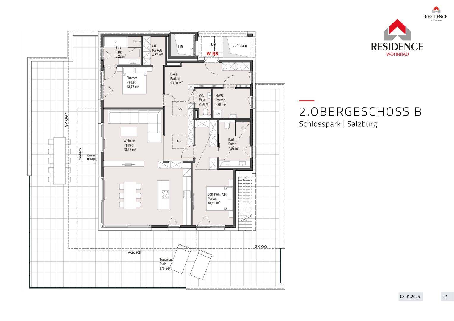 Grundriss des zweiten Obergeschosses mit mehreren Zimmern, Bad und großer Terrasse.