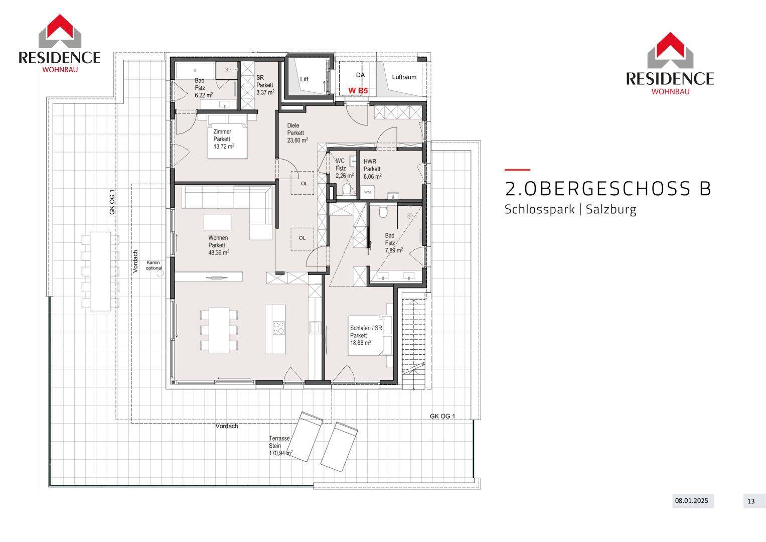 Grundriss des 2. Obergeschosses B mit Wohnbereich, Schlafzimmern und großer Terrasse.