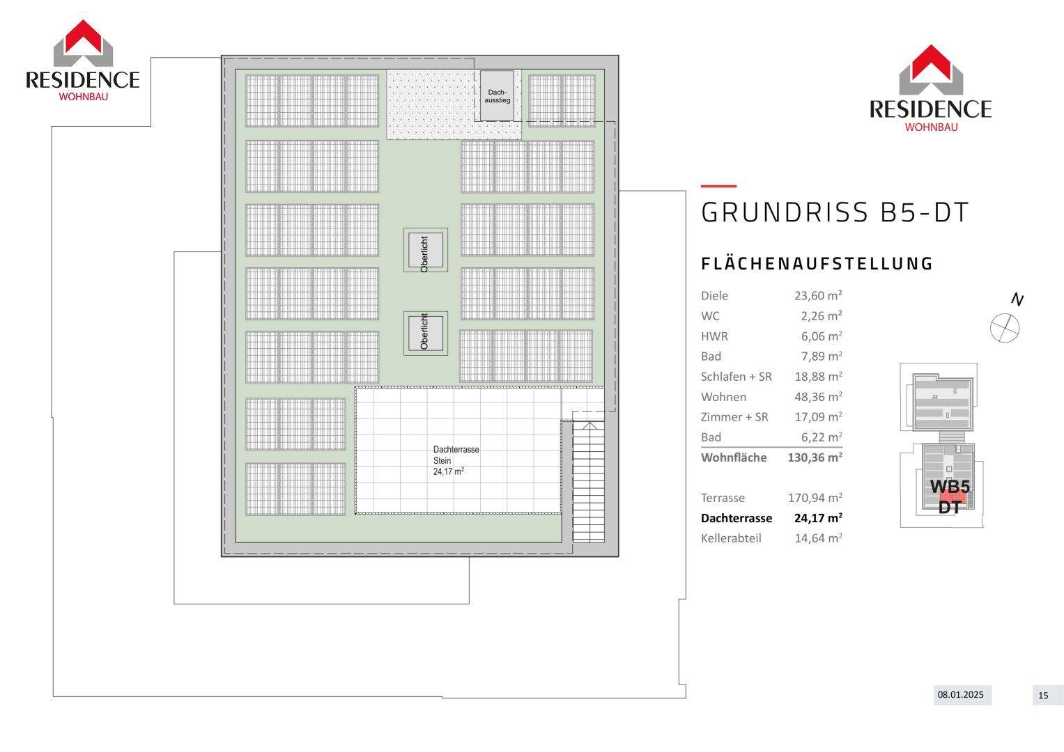 Grundriss der Dachterrasse B5-DT mit Flächenangaben und Zugang zur Kellerebene.