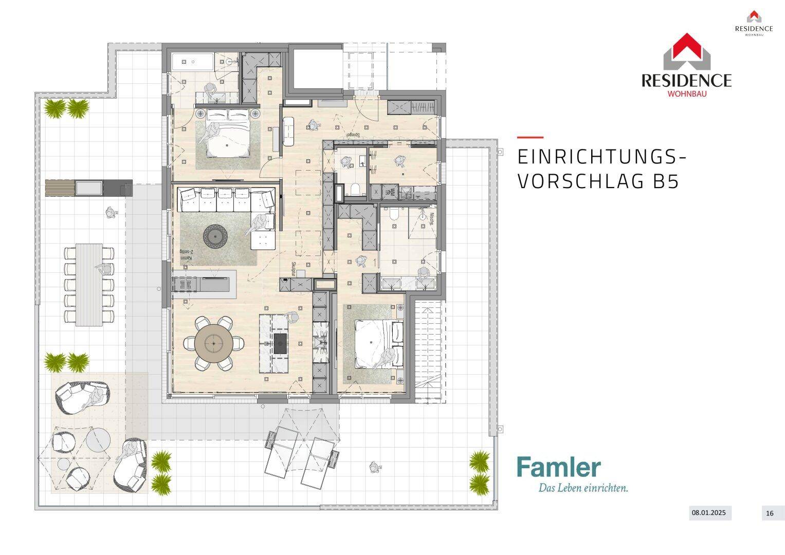 Detaillierter Grundriss mit Einrichtungsvorschlag für eine Wohnung mit großer Terrasse und Gartenbereich.