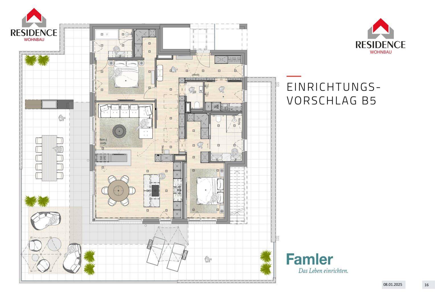 Einrichtungsvorschlag B5 zeigt Möblierung für Wohnbereich, Schlafzimmer und Außenbereiche.