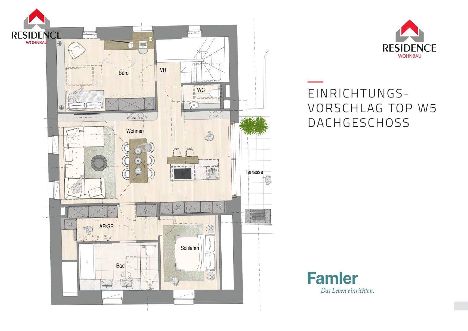 Einrichtungsvorschlag für das Dachgeschoss mit Wohnbereich, Küche, Schlafzimmer und Terrasse.