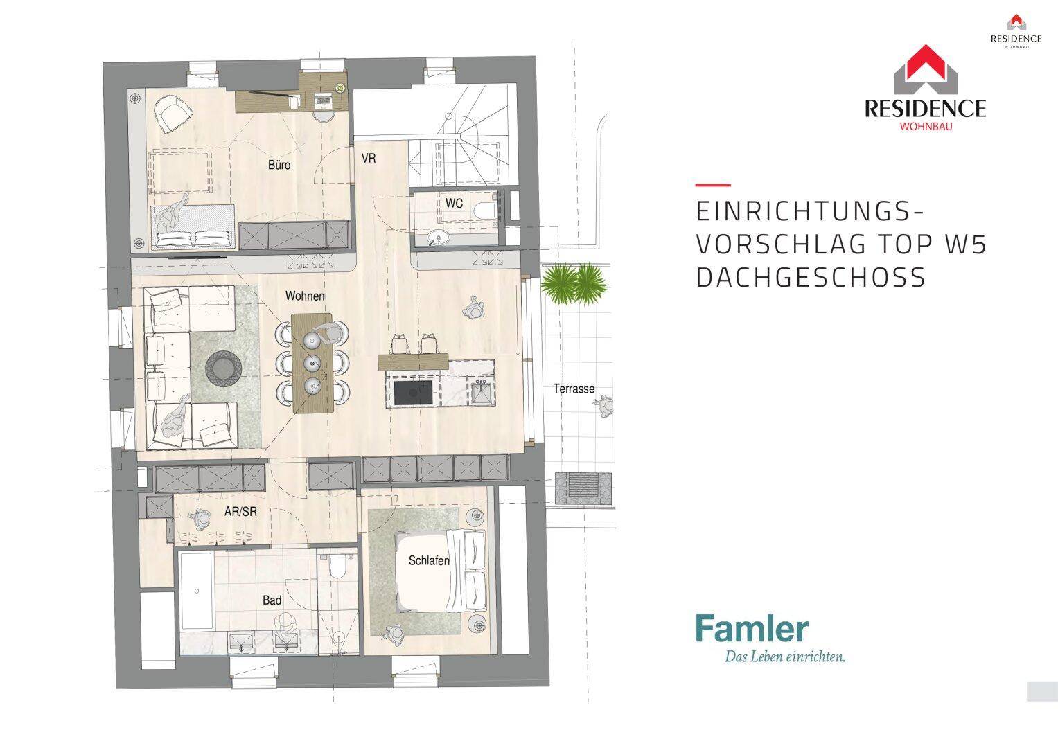 Einrichtungsvorschlag für das Dachgeschoss mit offenem Wohnbereich, Schlafzimmer und Terrasse.
