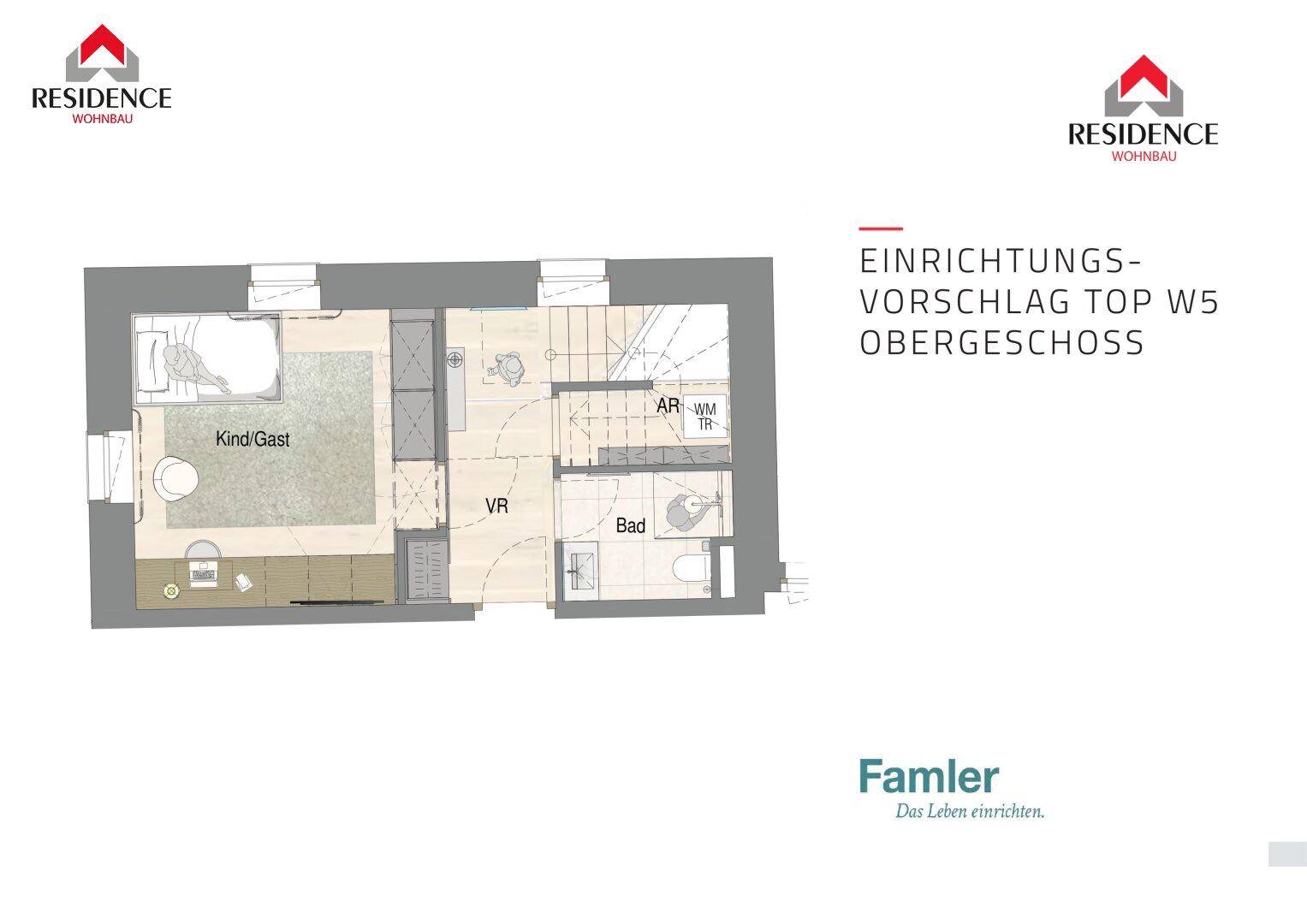 Einrichtungsvorschlag für das Obergeschoss mit Schlafzimmer, Bad und Ankleidebereich.