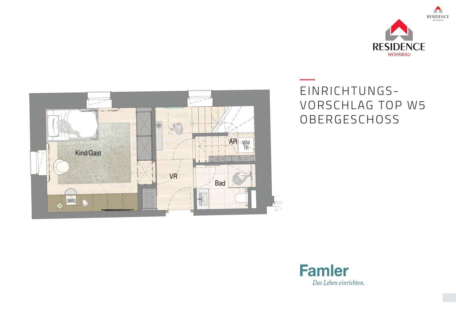 Einrichtungsvorschlag für das Obergeschoss mit Schlafzimmer, Bad und Stauraum.