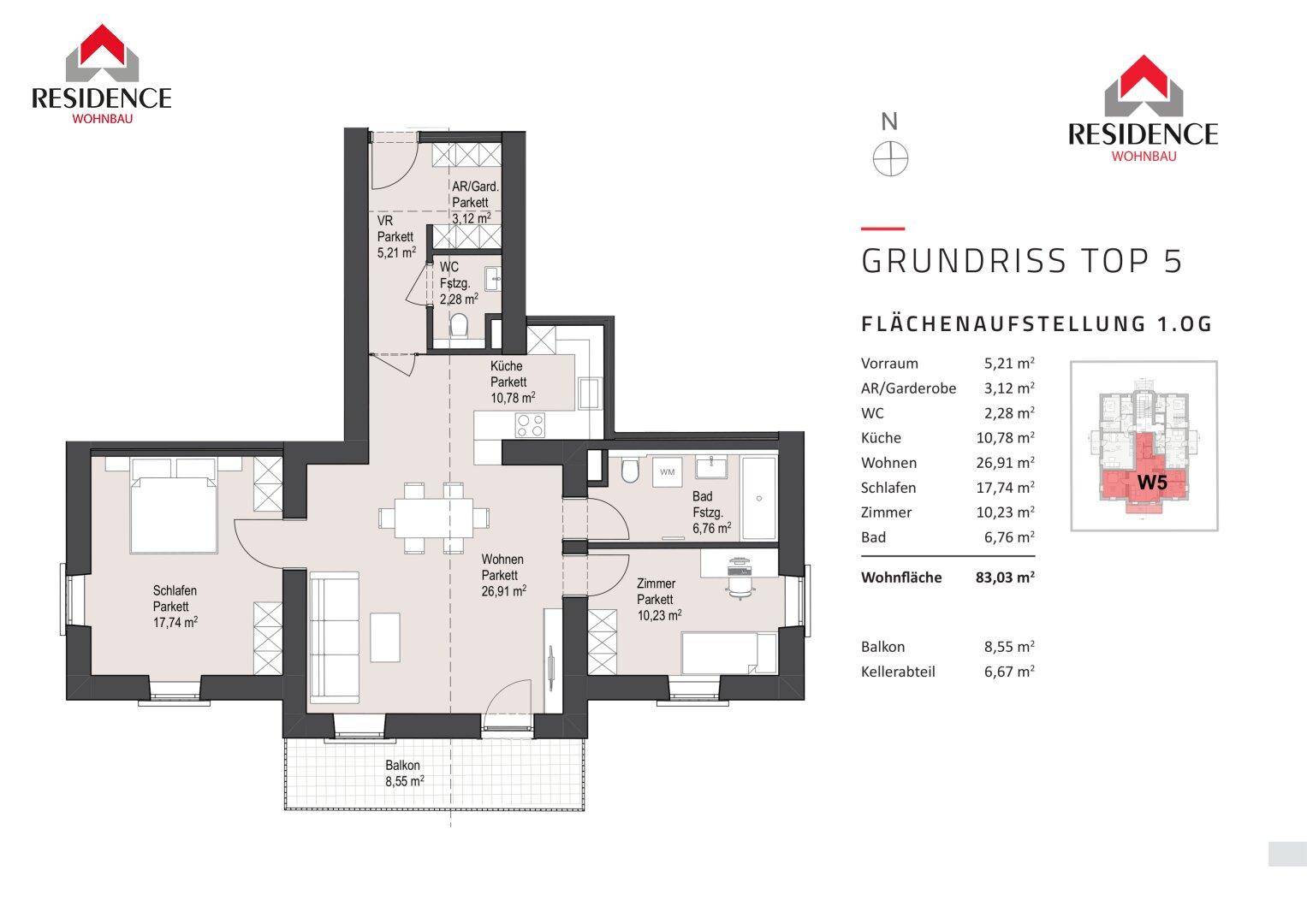 Grundriss einer Wohnung mit offenem Wohnbereich, zwei Schlafzimmern, separatem WC und Balkon.