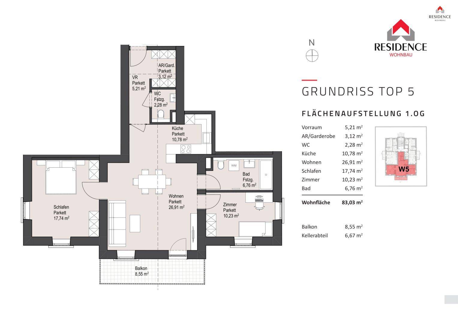 Grundriss der Wohnung Top 5 mit offenem Wohnbereich, zwei Schlafzimmern und Balkon.