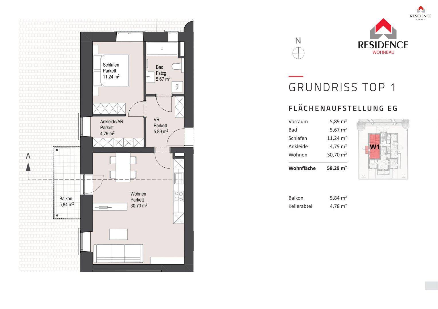 Grundriss der Wohnung Top 1 im Erdgeschoss mit offenem Wohnbereich, Schlafzimmer und Balkon.