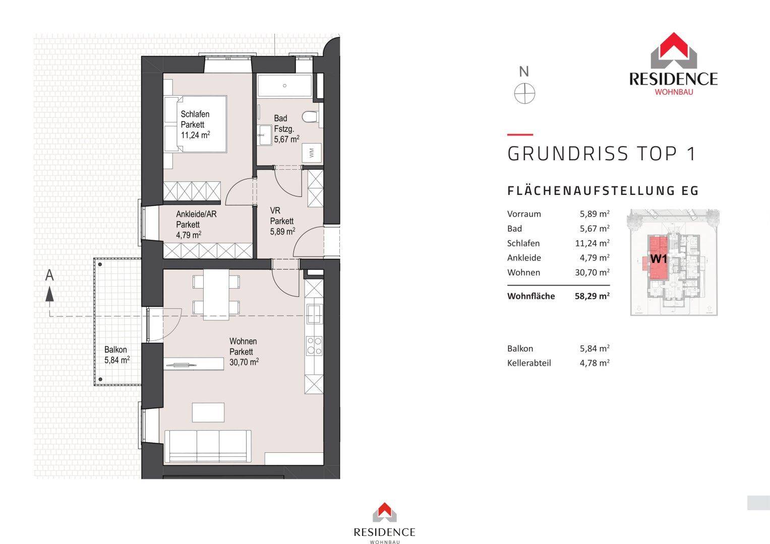 Grundriss einer Wohnung mit Schlafzimmer, Ankleide, Bad, Wohnbereich und Balkon.