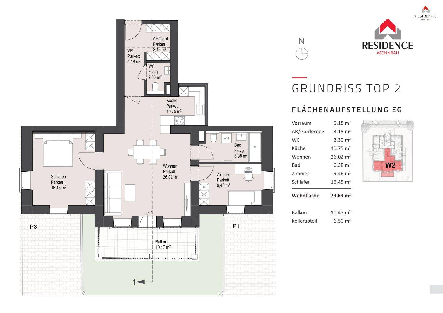 Grundriss der Wohnung Top 2 mit offenem Wohnbereich, Balkon und separatem WC.