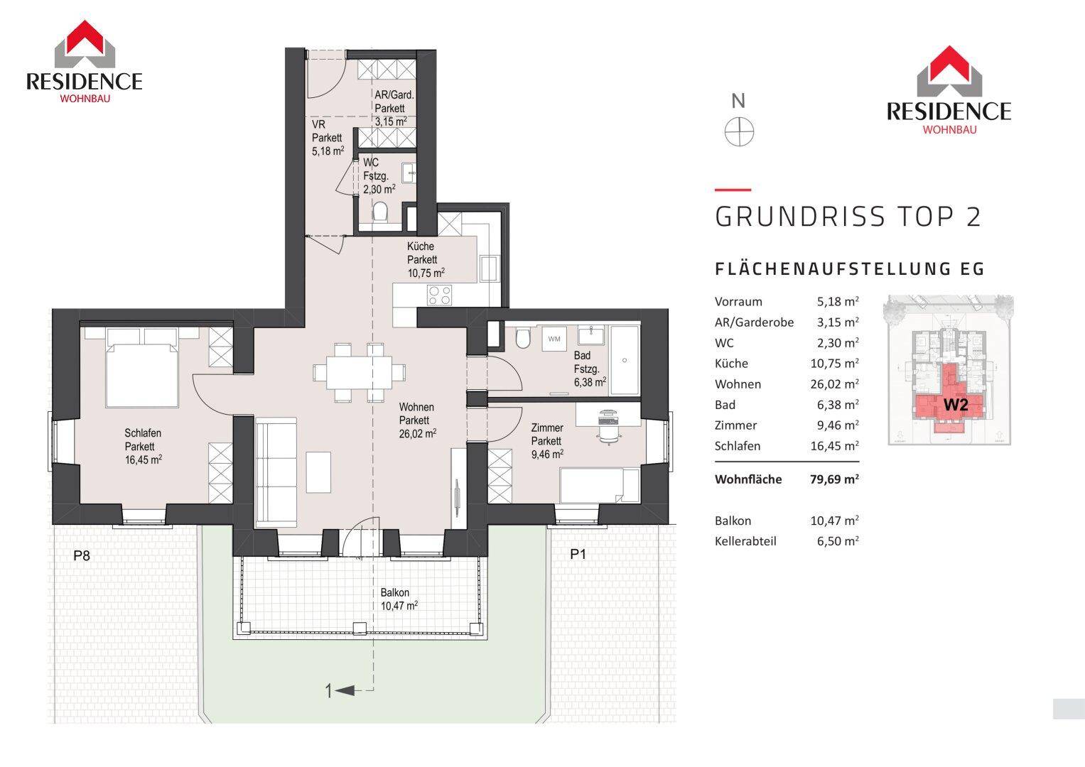 Grundriss der Erdgeschosswohnung Top 2 mit offenem Wohnbereich, Balkon und separatem WC.