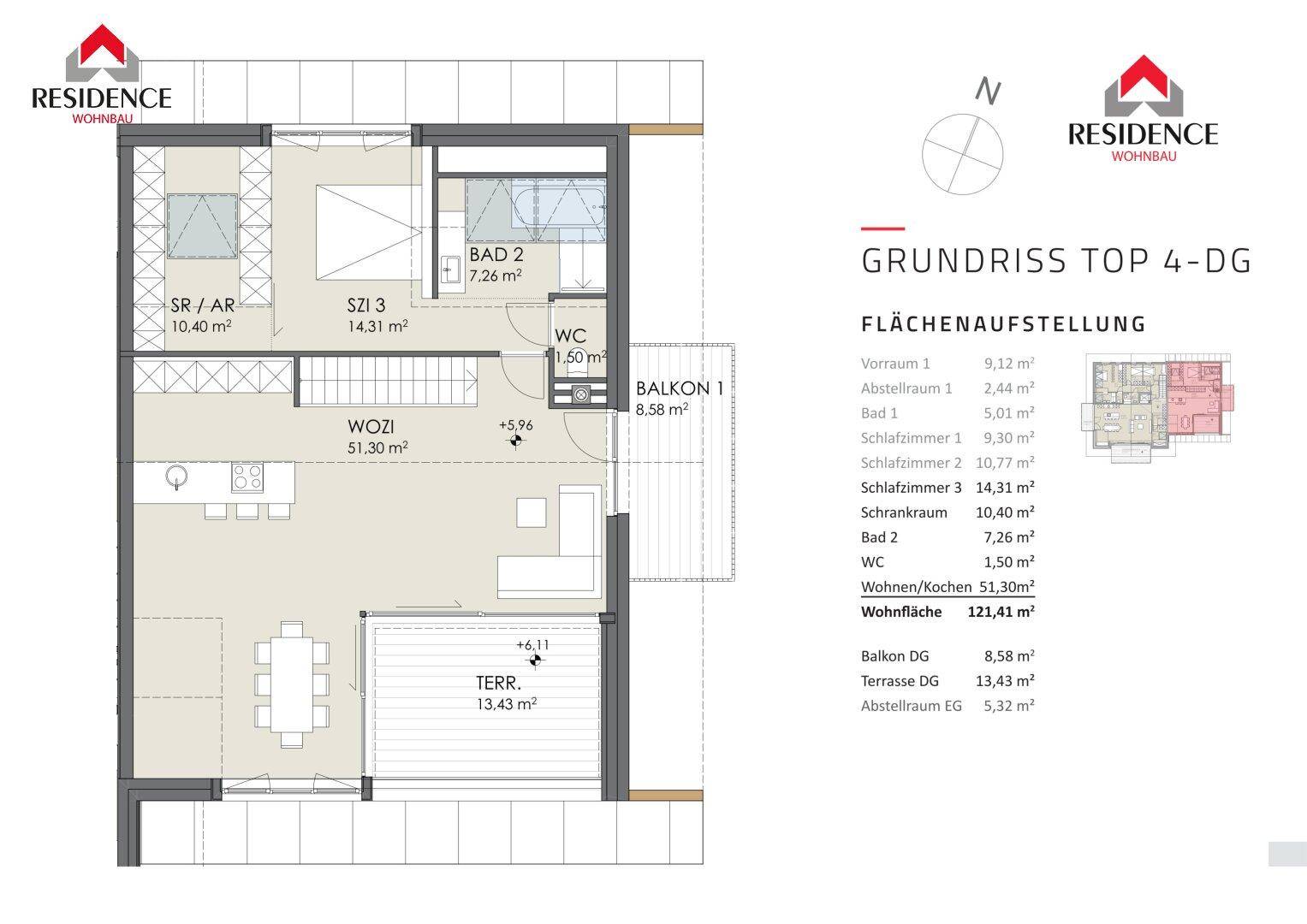 Grundriss des Dachgeschosses mit Wohnbereich, Schlafzimmer und großer Terrasse.