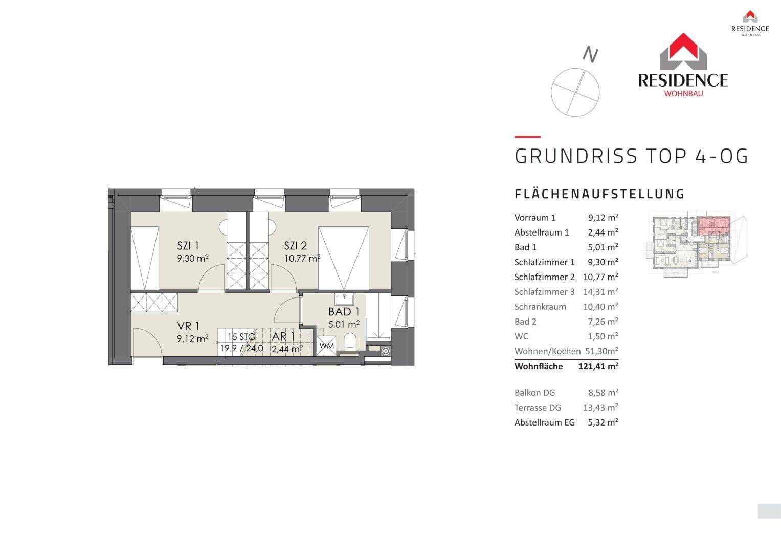 Grundriss für die Wohneinheit TOP 4 im Obergeschoss mit detaillierter Flächenaufstellung.