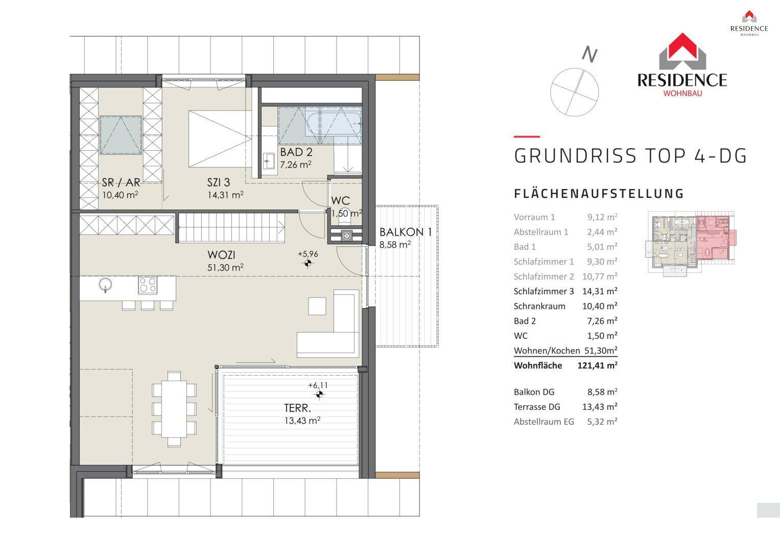 Grundriss für die Wohneinheit TOP 4 im Dachgeschoss mit detaillierter Flächenaufstellung.