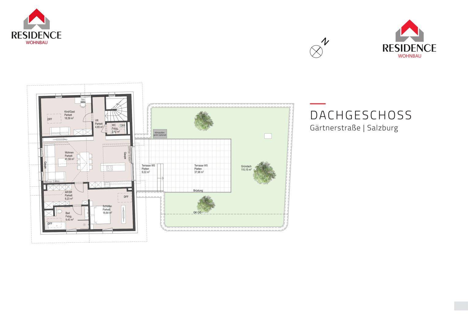 Grundriss des Dachgeschosses mit Wohnbereich, Terrasse und angrenzendem Gartenbereich.