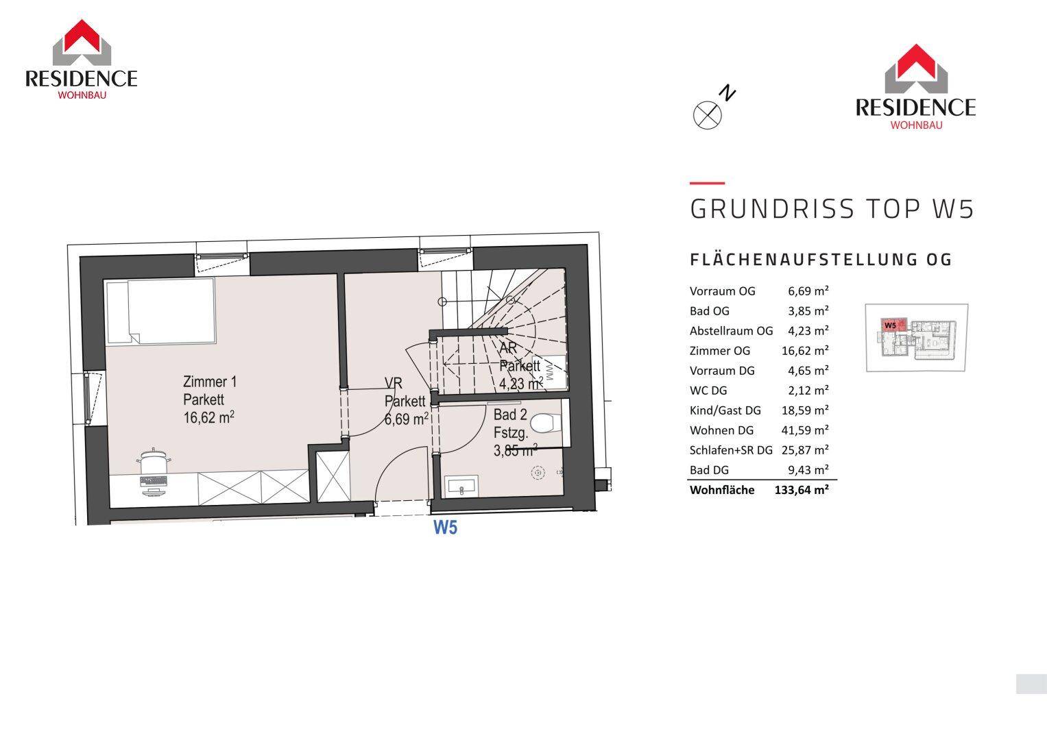 Grundriss des Obergeschosses mit Zimmern, Bad und Abstellraum, inklusive Flächenaufstellung.