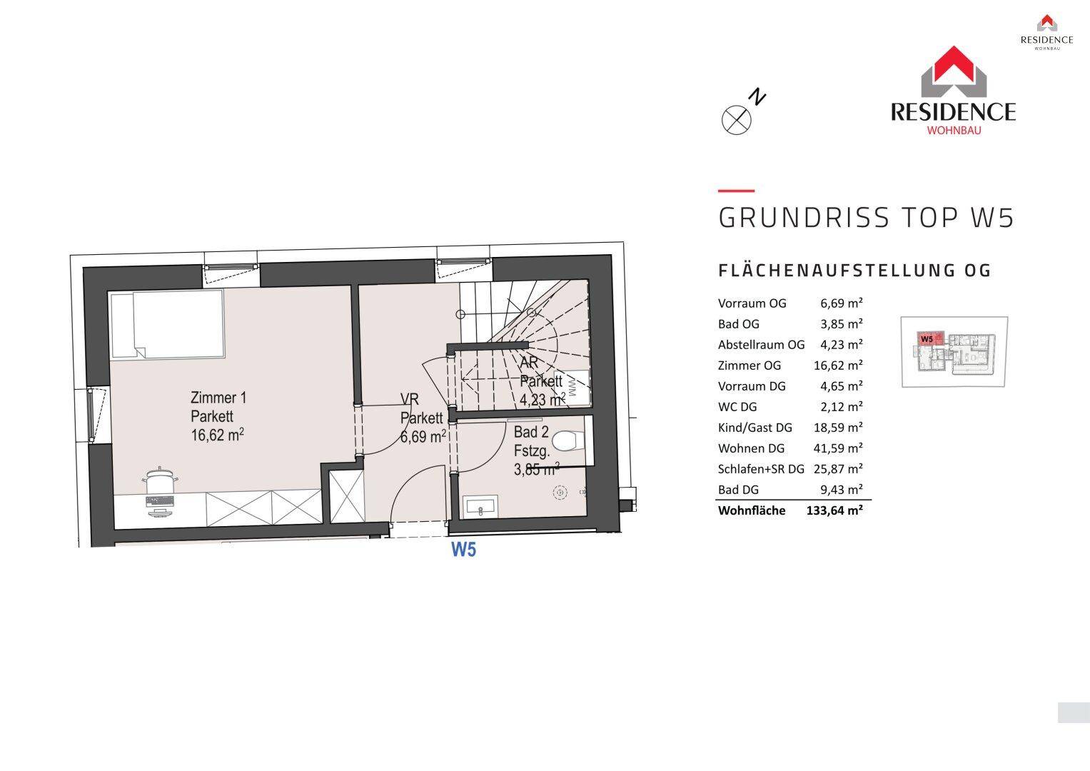 Grundriss des Obergeschosses mit Zimmern, Bad und Abstellraum, inklusive Flächenaufstellung.
